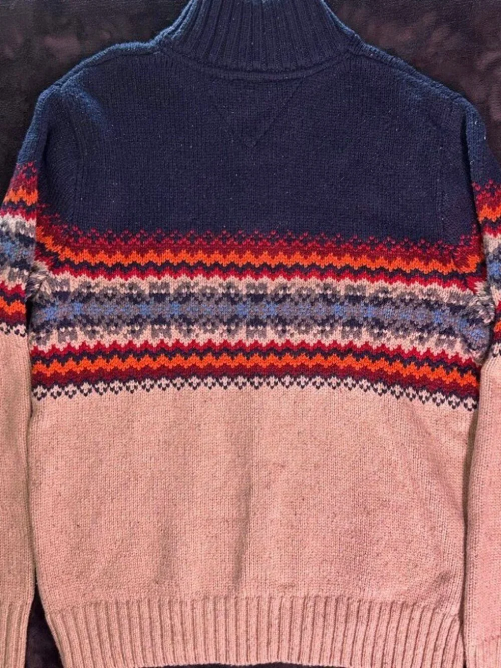 Tommy Hilfiger Wool Blend 1/4 Zip Sweater L Fair Isle Navy Beige Pattern